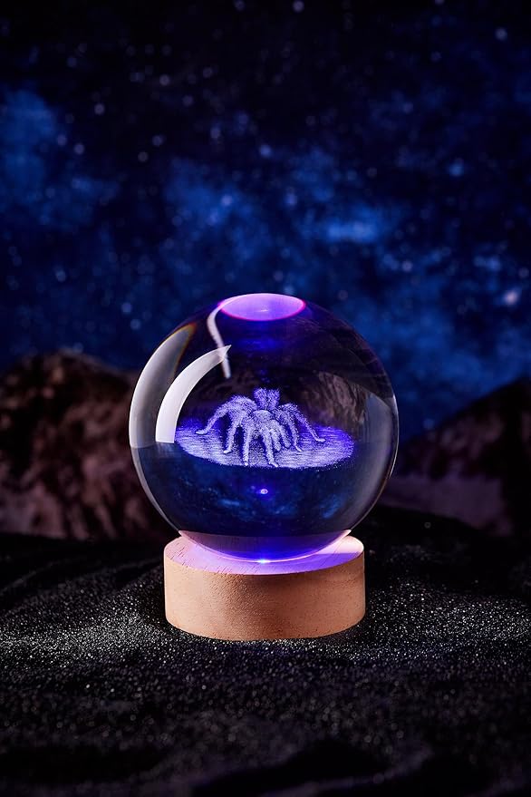 3D Large Spider Crystal Ball Night Light with Wooden Base, Crystal Lamp Gift for Kids Wife Friends, 16 Color Changing with Remote Control, Home Horror Decoration Glass Ball Lamp (Spider) - Bloomnest