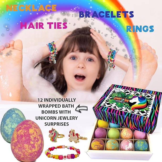 Unicorn Bath Bombs for Girls with Jewelry Inside - Organic Bath Bombs for Kids with Surprise, Natural, Skin Moisturizing BathBombs, Rainbow Bubble Bath. Stocking Stuffers Christmas Gifts for Girls - Bloomnest