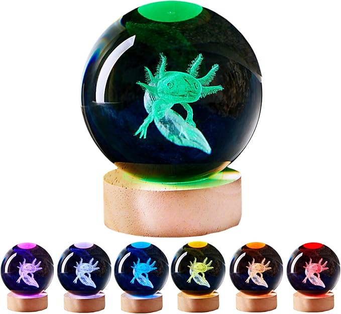 3D Large Axolotl Crystal Ball Night Light with Wooden Base, Crystal Lamp Gift for Kids Wife Friends, 16 Color Changing with Remote Control, Laser Engraved 3.15 inch Glass Ball Lamp (Axolotl) - Bloomnest