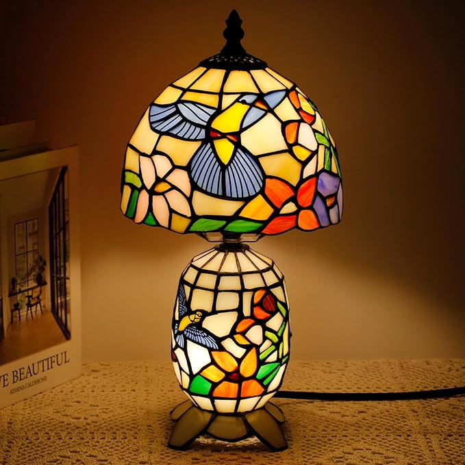 Small Tiffany Lamp Stained Glass Table Lamp Mini Mother Daughter Vase Desk Accent Light for Bedroom Bedside Reading Home Antique Style Decor 8X14 Inches (Hummingbird) - Bloomnest