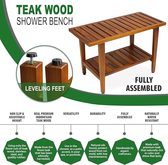 TeakCraft Teak Shower Bench with Shelf 30 inch Wood Spa & Shower Stool - Fully Assembled, The Liv - Bloomnest