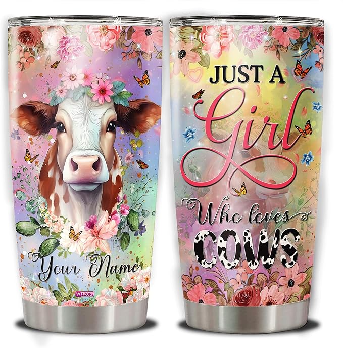 WAZONE Personalized Cow Tumbler Customized With Name Just A Girl Who Loves Cows Flower Cute Farm Animal Insulated Stainless Steel Travel Cup Mug 20oz 30oz Themed Gifts Birthday For Women - Bloomnest