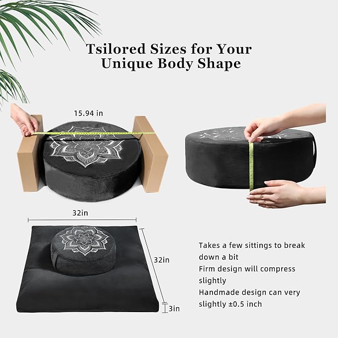 Meditation Zafu Cushion Set with Buckwheat Hulls & Memory Foam - Ergonomic Support for Yoga & Sitting - Removable Machine-Washable Luxury Velvet Cover - for Adults and Kids (Black)