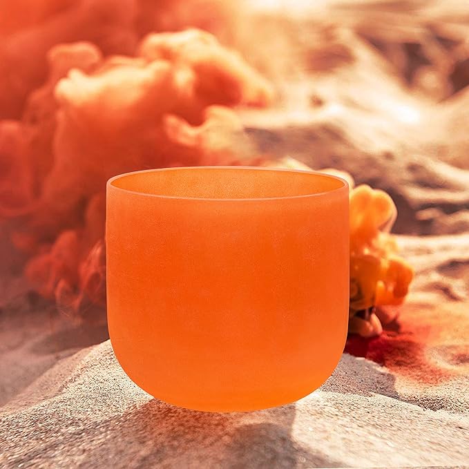 TOPFUND Orange D Note Crystal Singing Bowl 8 inch Sacral Chakra with Heavy Duty Carrying Case and Suede Mallet - Bloomnest