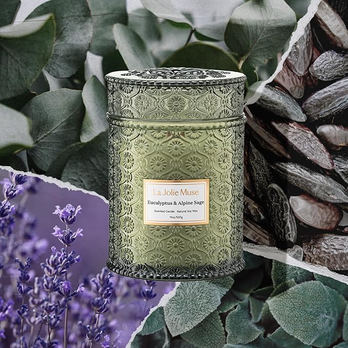 LA JOLIE MUSE Eucalyptus & Alpine Sage Candle – Eucalyptus, Sage & Lavender | 19 oz Wooden Wick | Natural Soy Wax | 90 Hours Burn | Candle for Relaxation - Bloomnest
