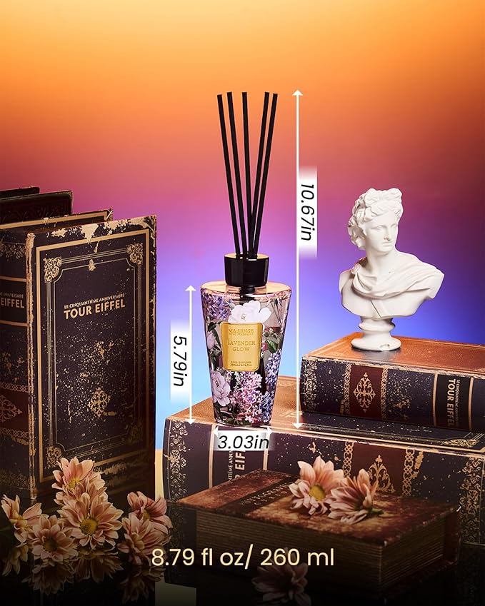 M&SENSE Lavender Glow Reed Diffuser Set - 8.79fl oz Home Fragrance Non-Toxic Essential Oil Diffuser with Sticks, Air Freshner Gifts for Bathroom Shelf Decor MSENSE