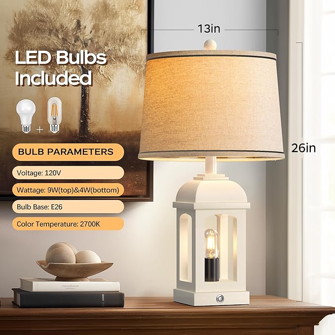 QiMH Table Lamp for Living Room, Farmhouse Lamps with USB A+C and Nightlight, 26" Rustic Bedside Lamps with 3-Way Dimmable Touch Control, Nightstand Lamp for Bedroom, White, 1 Pack - Bloomnest
