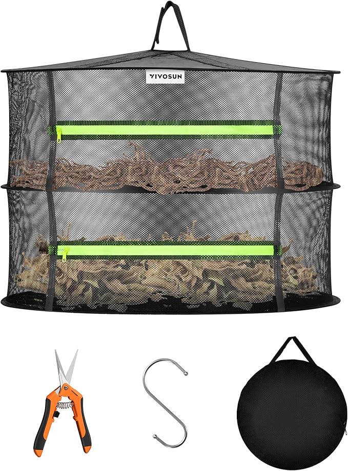 VIVOSUN 2-Layer Mesh Drying Rack Hanging Design with Green Zippers for Dehydrating, Indoor and Outdoor Pruning Shears Included - Bloomnest