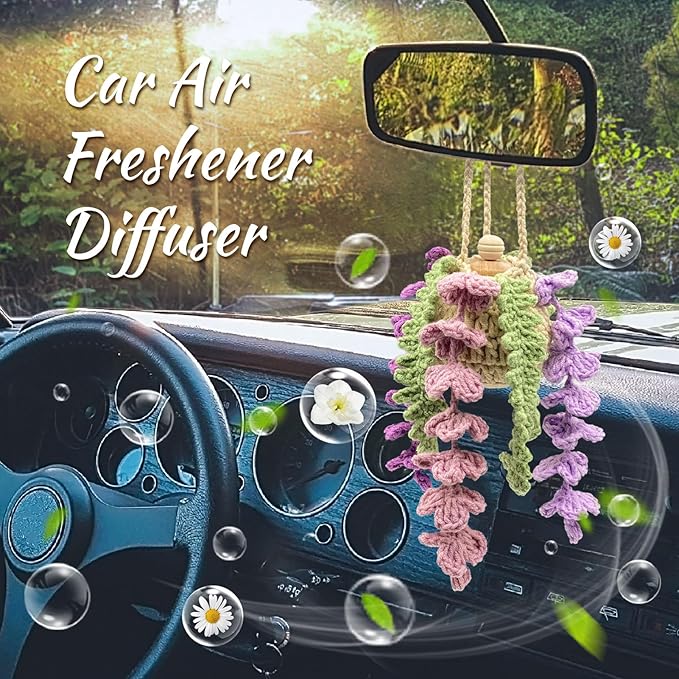 Crochet Car Air Freshener, 15ml Empty Refillable Oil Diffuser Bottle with Crochet Violet Hanging Plant for Car Rearview Mirror Decor, Handmade Home&Office Decor - Bloomnest
