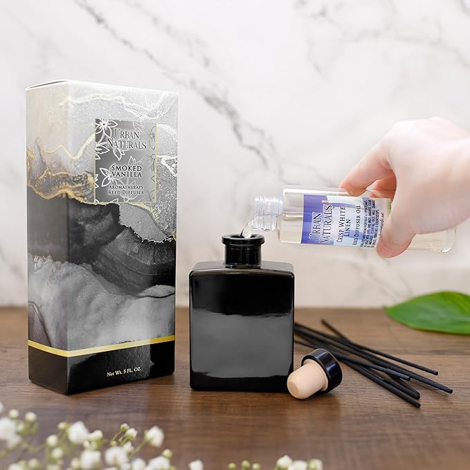 Urban Naturals Balsam Forest Reed Diffuser Oil Set – Fraser Fir, Evergreen, Pine, Woodsy Cedar and Sandalwood – 5 Ounce Sleek Black Rectangular Refillable Glass Bottle – Made in the USA UrbanNaturals