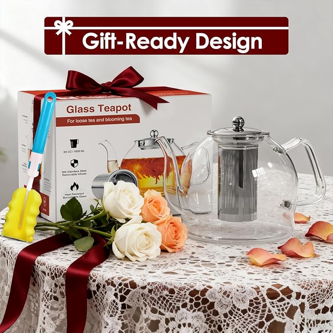 1800ml Glass Teapot with Infuser, Stovetop Safe Large Tea Pot, Hand Crafted Borosilicate Glass Tea Kettle, Blooming and Loose Leaf Tea Maker for Tea Lovers, Tea Gift Set with Cleaning Brush - Bloomnest