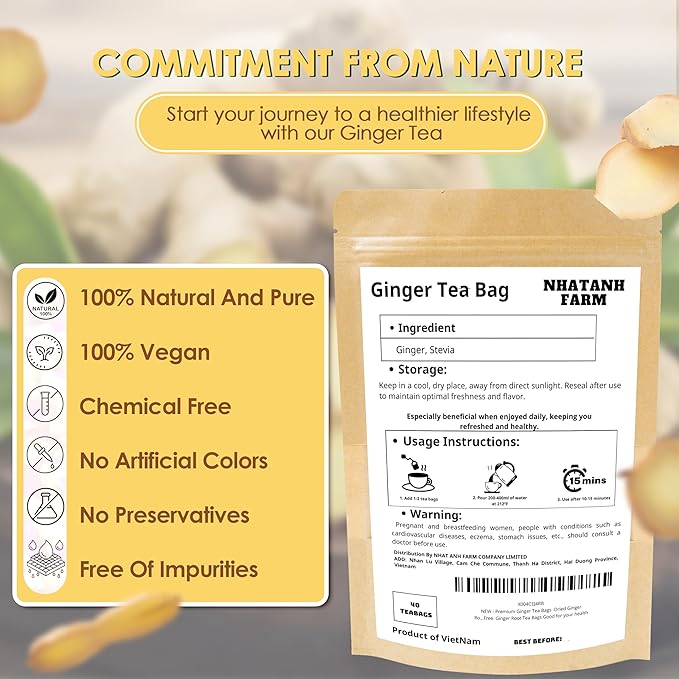 NHAT ANH FARM - Premium Ginger Tea Bags -Dried Ginger Root Tea Bags - 40 Teabags, 2.5g/bag. 100% Natural & Pure, Caffeine Free. Good for your health. - Bloomnest