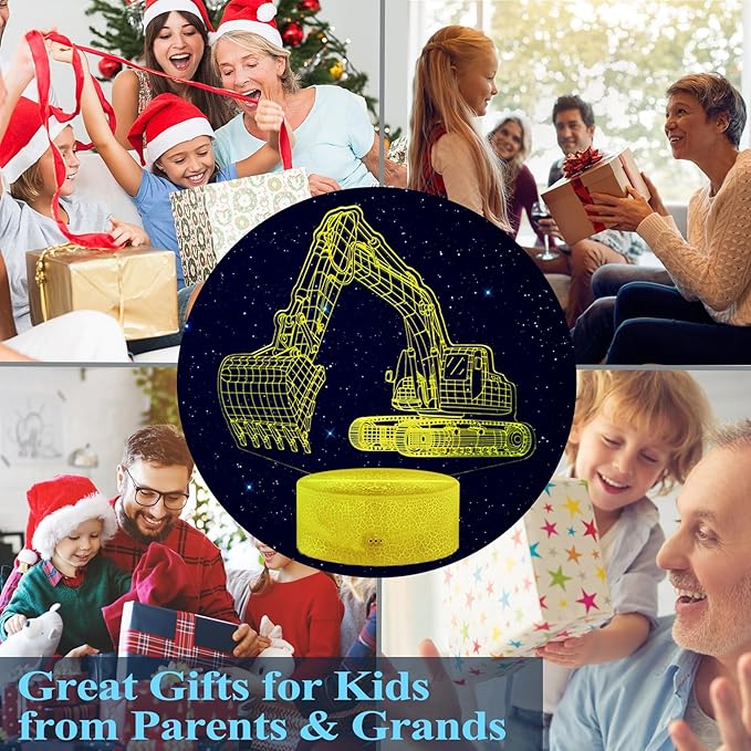 Excavator 3D Illusion Lamp for Kids, Excavator Night Light, Construction Vehicle Gifts with RGB 16 Colors Changing, Remote Control, Dimmable, Kids Room Decoration, Xmas Gifts - Bloomnest