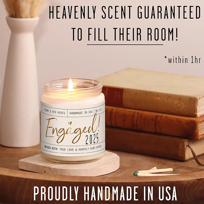 Engagement Gift, Engagement Gifts for Couples -'Engaged 2025' Candle, w/Peony & Rose Wedding Bouquet I Fiance Gifts for Women I Engaged Gift for Her I 50Hr Burn, USA Made - Bloomnest