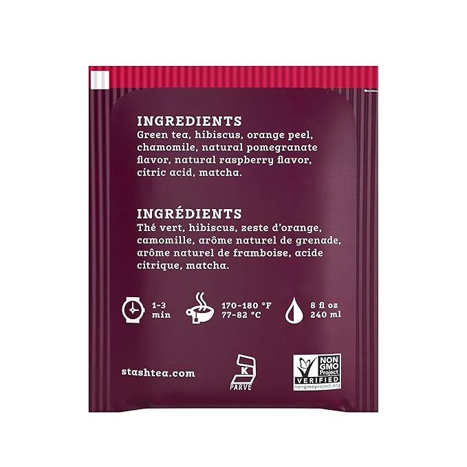Stash Tea Pomegranate Raspberry & Matcha Green Tea - Caffeinated, Non-GMO Project Verified Premium Tea with No Artificial Ingredients, 18 Count (Pack of 6) - 108 Bags Total - Bloomnest