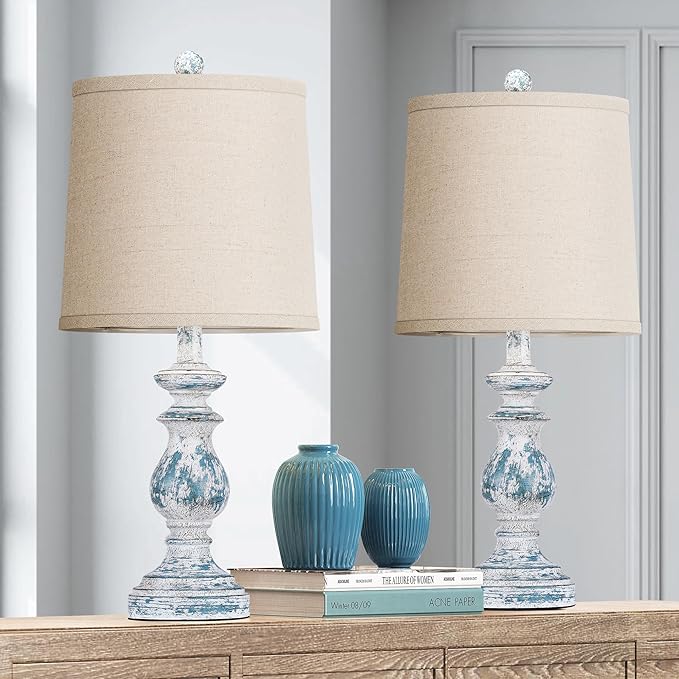 PARTPHONER Traditional Table Lamp Set of 2, Rustic Farmhouse Table Lamps for Living Room Bedroom, 22" Bedside Desk Lamps Vintage Nightstand Lamps with Linen Shades, Washed Blue - Bloomnest