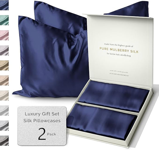 SUNDAYSILKS™ | Silk Pillow Cases 2 Pack | 22 Momme Mulberry Silk Pillowcase Set of 2 | All Sides 100% Pure Silk Slip Pillowcases Bliss for Couples, Zipper | Standard Queen, King Size, 6A [Navy Blue] - Bloomnest