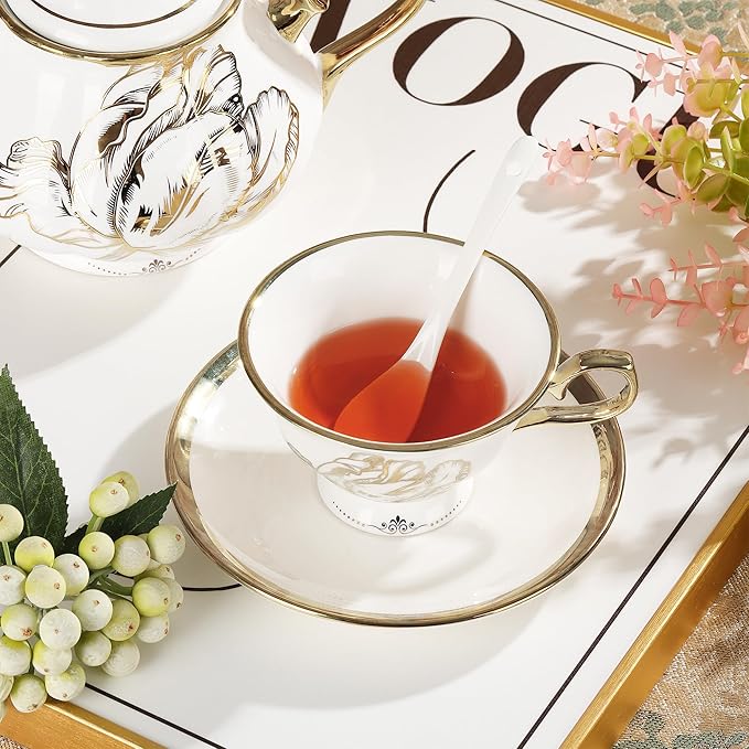 fanquare British Porcelain Tea Coffee Set 22 Piece New Bone China Gold Tulip Tea Service for Afternoon Tea, 6 TeaCup and Saucers with Metal Holder for Home Wedding Birthday - Bloomnest