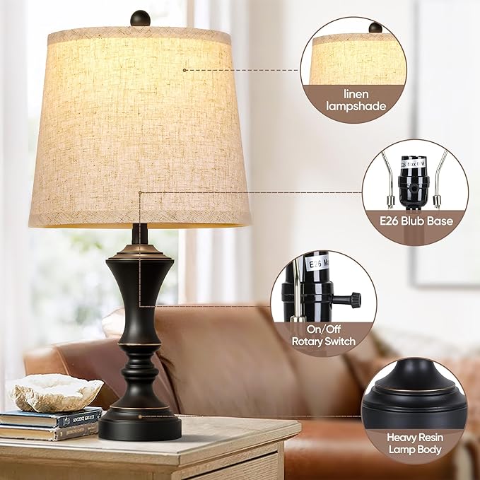 Retro Table Lamps Set of 2, Nightstand Lamp for Bedroom Vintage Rustic Table Lamps for Living Room Traditional Nightstand Bedside Lamps 22" (Black) Bulb NOT Included - Bloomnest