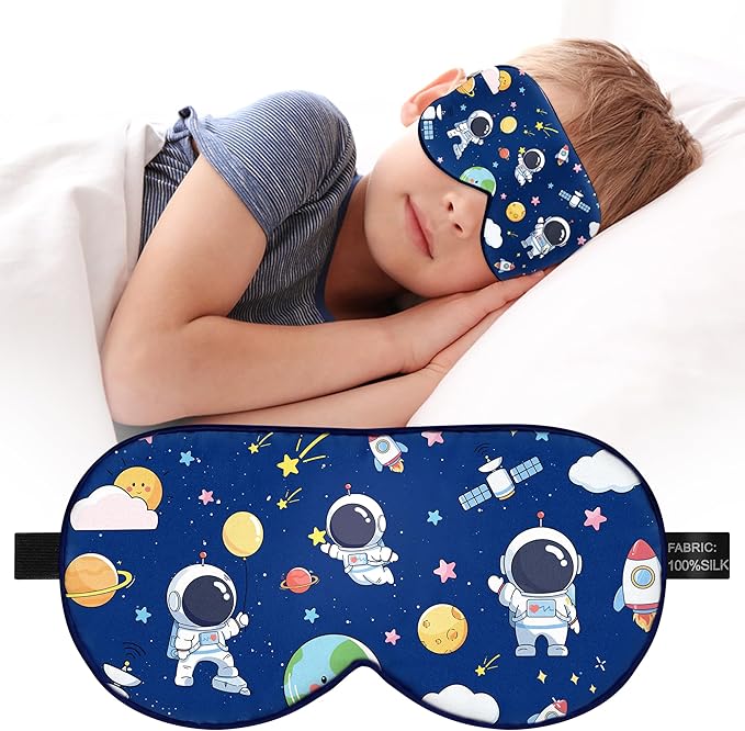 Kids Sleep Mask Eye Cover: 100% Real Natural Pure Silk Eye Mask with Adjustable Strap, Funny Blindfold Kids Eye Mask for Sleeping, Soft & Lightweight Eye Shade for Boys Girls Teens (Space Style) - Bloomnest