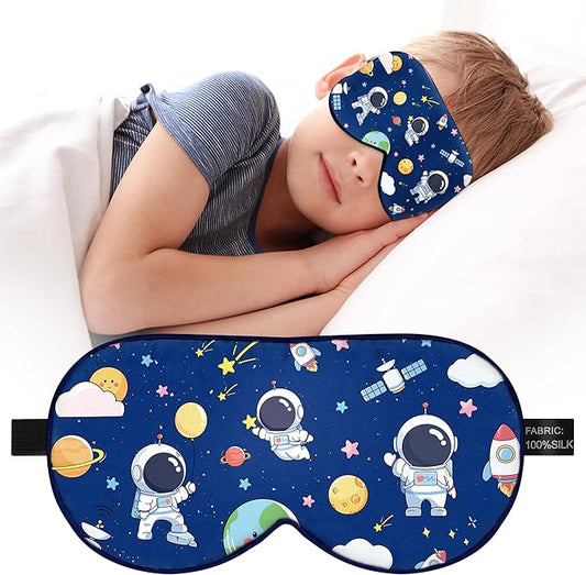 Kids Sleep Mask Eye Cover: 100% Real Natural Pure Silk Eye Mask with Adjustable Strap, Funny Blindfold Kids Eye Mask for Sleeping, Soft & Lightweight Eye Shade for Boys Girls Teens (Space Style) - Bloomnest