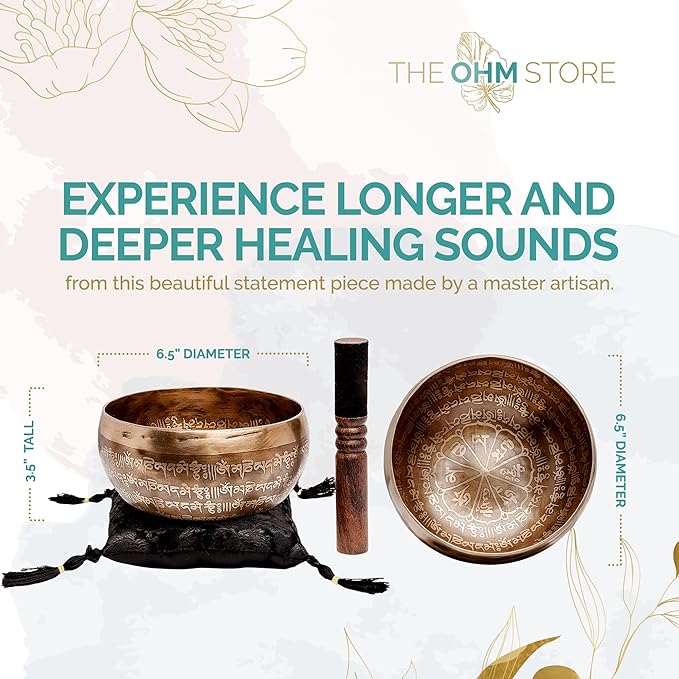 Ancient Design Large Etched Tibetan Singing Bowl Set by Ohm Store — Relaxing Deep Tone Meditation Sound Bowl and Wooden Mallet Handcrafted in Nepal — Purity Bowl (About 6 Inch) - Bloomnest