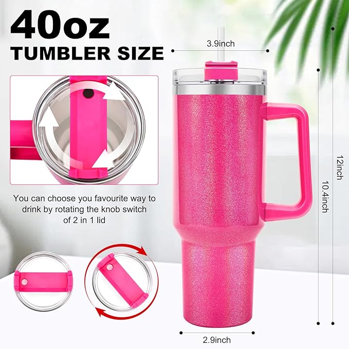 40 oz Tumbler with Handle and Flip Straw Lid, Vacuum Insulated Leak Proof Double Walled Stainless Steel Glitter Travel Mug Tumblers, Maintains Cold Ice and Heat for Hours(Hot Pink) - Bloomnest