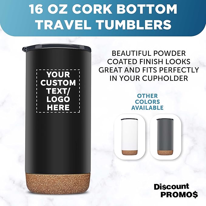 DISCOUNT PROMOS Custom Tumblers Cork Bottom 16 oz Set of 10/50/100 Personalized Bulk Pack Double Wall Insulated Matte Finish Iced Coffee Soda - Black - Bloomnest