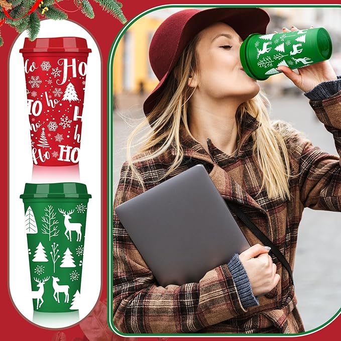 Pickmesh 24 Pcs Christmas Coffee Cups Gifts Bulk 16 oz Reusable Christmas Tree Snowflake Elk Pattern Tumblers with Lid Plastic Travel Coffee Mug for Women Coworkers Holiday Drinks - Bloomnest