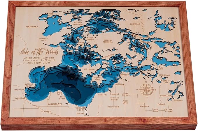 Personalized 3D Lake of The Woods Wood Map | Lake Depth Map Art | 8-Layer Nautical Decor | Rustic Wall Art for Lake House, Cabin | Gifts for 5th Anniversary, Father’s Day, Christmas, Housewarming - Bloomnest
