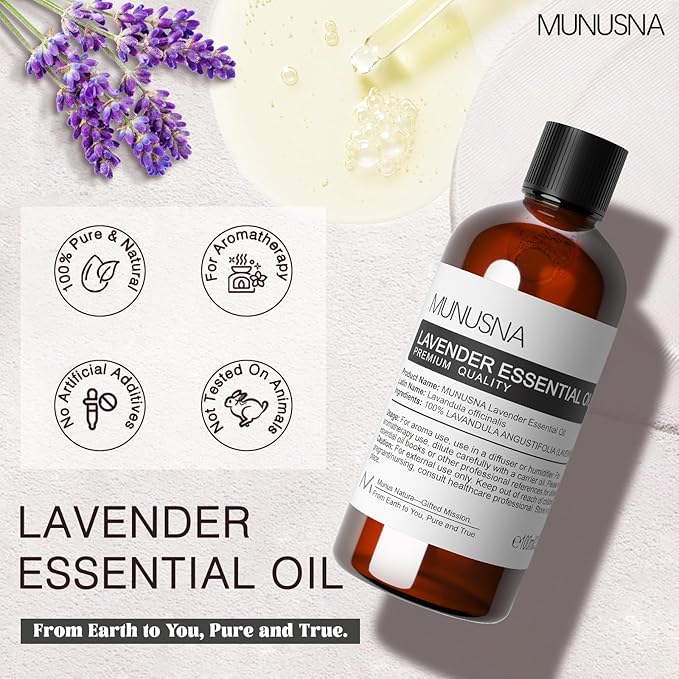 Lavender Essential Oil, Pure & Natural Lavender Oil 100ML, Premium Grade Essential Oils for Hair, Body, Skin, Aromatherapy Diffuser, Meditation, Massage, Home, Candle, Soap, Bath Bombs Making - Bloomnest