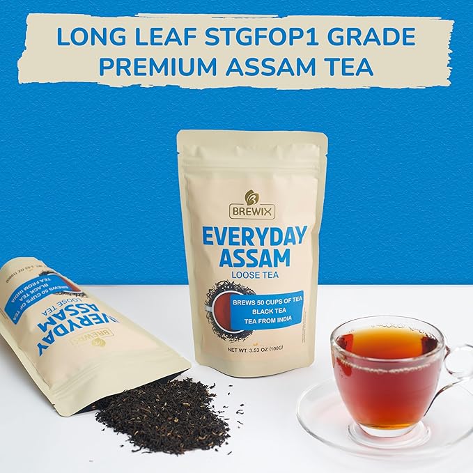 BREWIX, Assam Black Tea Leaves (50+ Cups, 3.53oz/100g) High Caffeine Gluten Free | Strong and Malty | Loose Leaf | Resealable Bag | Perfect for Strong Morning Tea - Bloomnest
