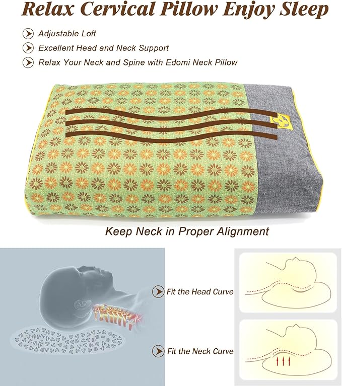 Buckwheat Neck Pillow Medium Firm, Buckwheat Hull Flat Pillows for Sleeping, Adjustable Hard Pillows for Back Side Sleeper Neck Support (18x10 Inch, LemonYellow)