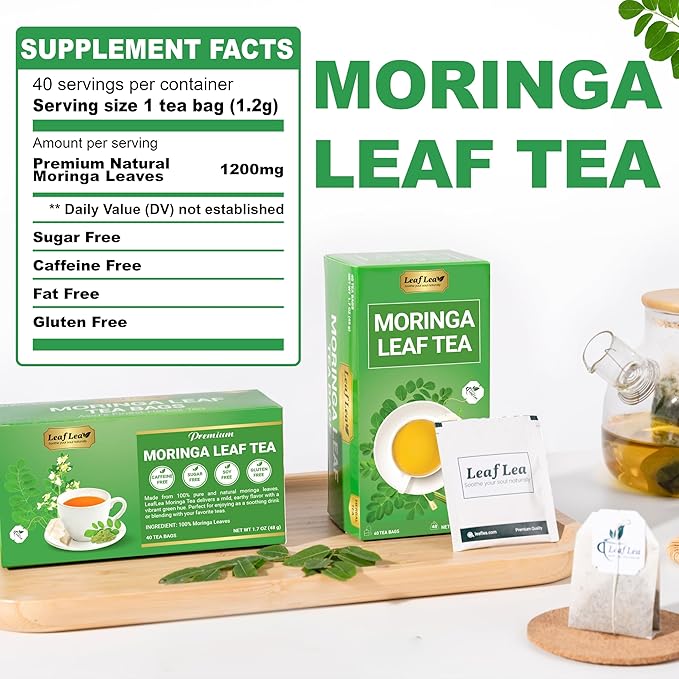 LeafLea 80 Moringa Tea Bags, Premium Moringa Leaf Herbal Tea for Digestive Support and Daily Wellness, Made from Natural Leaves, Caffeine-Free, Non-GMO, Sugar-Free - Bloomnest