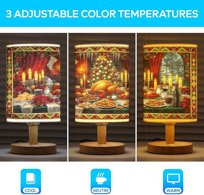 Christmas Feast Table Lamp LED 3-Color Pressed Bedside for Merry Christmas, Christmas Feast Shade Christmas Table Lamp with Wood Base for Bedroom Living Room Desk Office - Bloomnest