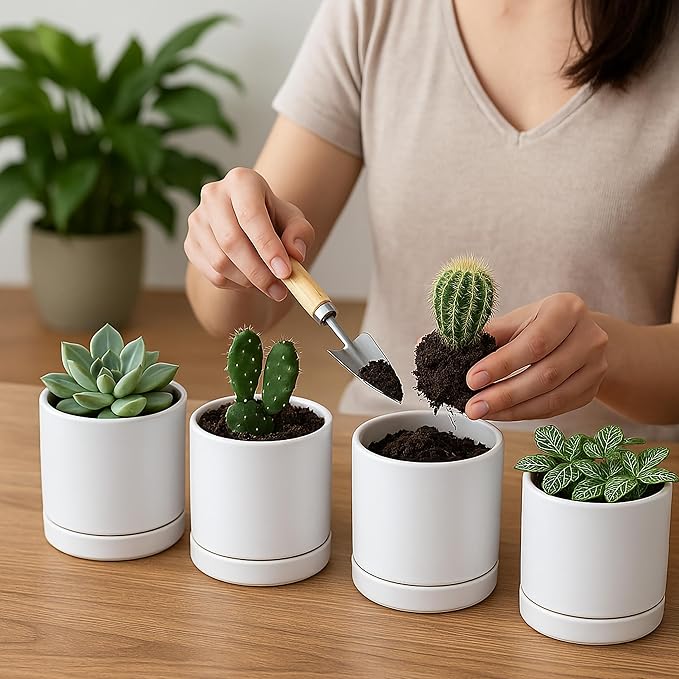D'vine Dev Set of 4 Small Ceramic Plant Pots, 3.5 Inch Succulent Planter Pot for Plants with Drainage Hole and Saucer, White, 94-X-A-1 - Bloomnest