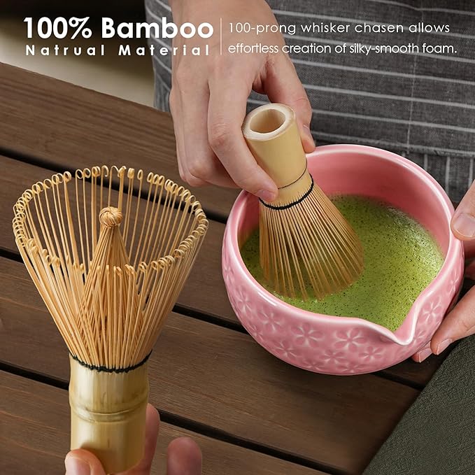 7Pcs Matcha Whisk Set, Ceramic Matcha Bowl with Spout, Bamboo Whisk and Holder,Bamboo Scoop,Scoop Rest,Sifter,Tea Towel, Matcha Kit with Cherry Blossom Carved Patterns for Matcha Lovers (Sakura Pink) - Bloomnest