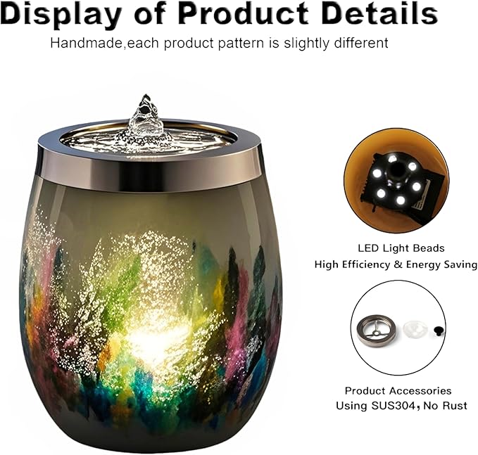 VOREEN Handblown Glass Tabletop Fountain - Art Glass Indoor Fountain with Cool White Ambient Glow - Optional Aromatherapy for Home, Spa, Office Décor - Grey - Bloomnest