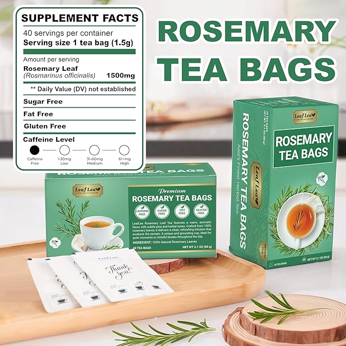LeafLea 40 Premium Rosemary Tea Bags from 100% Natural Rosemary Leaves, Herbal Tea for Gentle Digestive Comfort, Te De Romero Earthy Taste & Light Aroma, Caffeine-Free, Sugar-Free, Non-GMO - Bloomnest