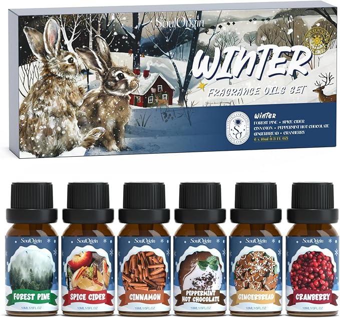 Winter Essential Oils Set, Fragrance Oil Gift Set for Oil Diffusers, Scented Oils for Soap 6x10ml - Forest Pine, Spiced Apple Cider, Cinnamon, Mint Hot Chocolate, Gingerbread, and Cranberry - Bloomnest