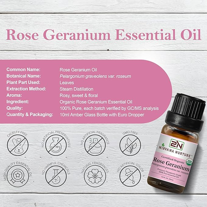 Rose Geranium Essential Oil, USDA Certified Organic, 100% Pure Undiluted, Aromatherapy Oil for Diffuser, Hair & Skin Care NirvanaNurture