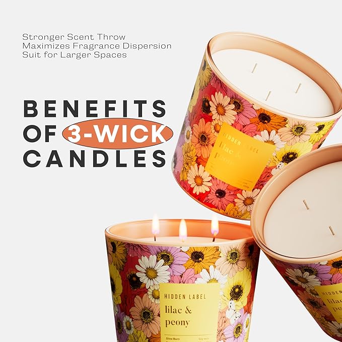 Hidden Label Lilac & Peony Scented Candle, 3 Wick Large Candles for Home, 30oz Natural Soy Candles for Home Scented,100 Hour Burn Time, Long Lasting Highly Scented Luxury Candle Gift - Bloomnest