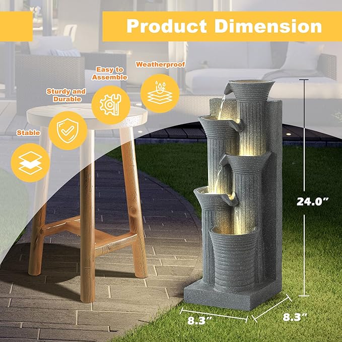 MAGIC UNION Outdoor Water Fountain, 5 Tiers Cascading Waterfall Indoor Water Feature Garden Decor with LED Lights, Patio Resin Fountains for Yard, Deck, Porch and Home, Bamboo Element (Light Gray) - Bloomnest