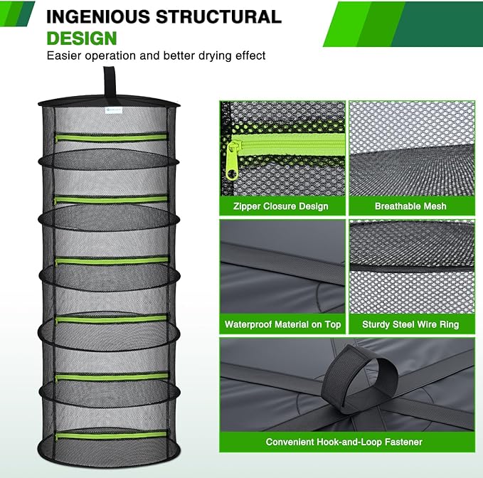Yesker 6 Layer Herb Drying Rack Hanging Mesh Net Foldable Plant Drying Racks 24" w Green Zipper Pruning Shears Dryer Hanging Rack for Herbs Seed Bud Fruit Clothes Grow Tent Closet Garden Outdoor 2 PCS - Bloomnest