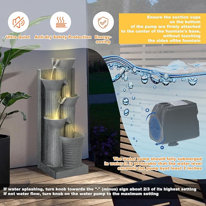 MAGIC UNION Outdoor Water Fountain, 5 Tiers Cascading Waterfall Indoor Water Feature Garden Decor with LED Lights, Patio Resin Fountains for Yard, Deck, Porch and Home, Bamboo Element (Light Gray) - Bloomnest