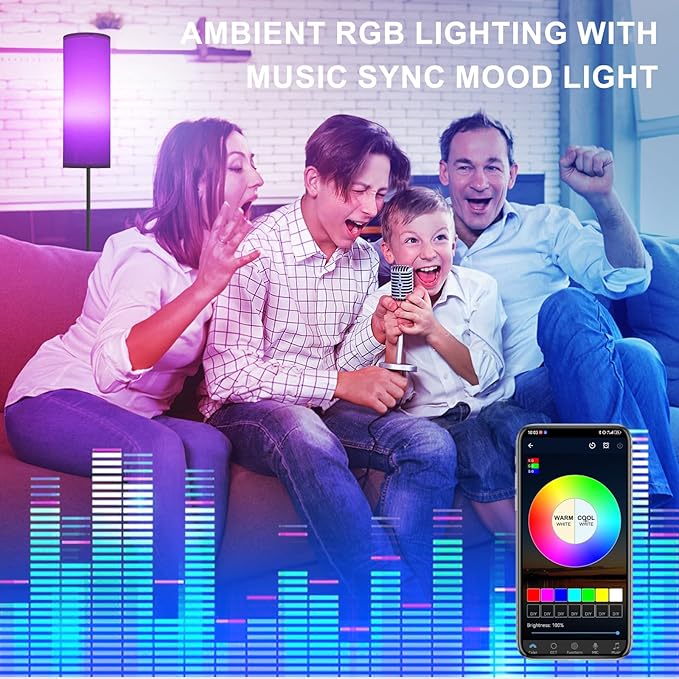 FRIDEKO HOME Floor Lamp, Color Changing Ambient Lighting for Living Room & Gaming Decor, Smart Standing Lamp with App & Remote Control, Tall Corner Lamp for Bedroom, 9W 800LM, Foot Switch, White Shade - Bloomnest