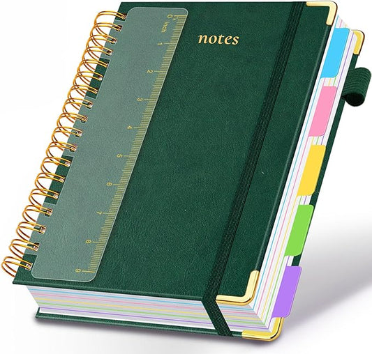 Hardcover Spiral Notebook 8"x10" Journal Notebook with Tabs and Removable Dividers 300 Pages 5 Subject Notebook College Ruled, Faux Leather Spiral Bound Notebook for Women School Work (Green) - Bloomnest