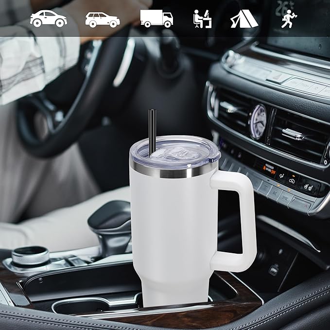 DOMICARE 40 oz Tumbler with Handle and Straw, Stainless Steel Tumbler with Lid and Straw, Reusable Vacuum Insulated Cup, Travel Coffee Mug, White, 1Pack - Bloomnest