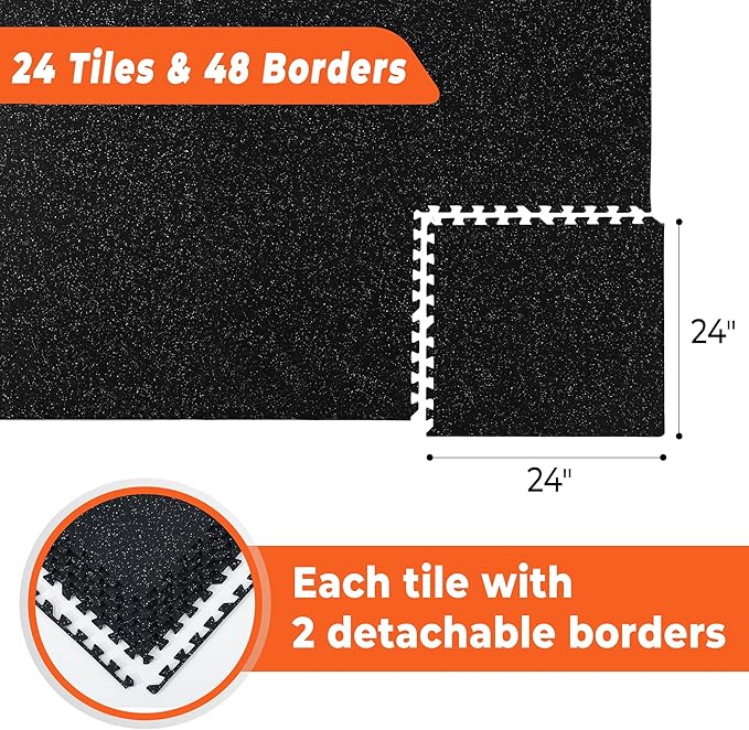 SUPERJARE 0.4'' Thick 24 Pcs 96 Sq Ft Rubber Top Exercise Equipment Mats, High Density EVA Foam Mats with Rubber Top, Interlocking Gym Flooring for Home Gym, Protective Workout Mat, Black/Grey - Bloomnest