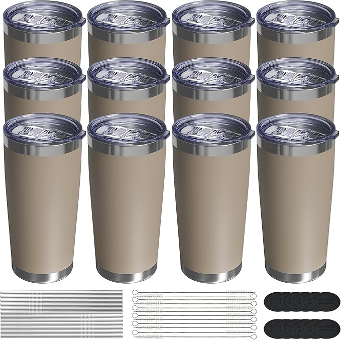Travel Coffee Tumbler 20oz, 12 Pack Leakproof Travel Coffee Mug with Lid and Straw, Stainless Steel Double Wall Vacuum Insulated Tumbler for Hot/Iced Drinks (Textured Matte, Brown) - Bloomnest